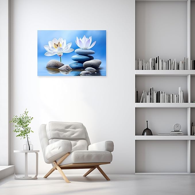 ARTZGX Zen Canvas Wall Art for Bathroom Lotus Pictures Blue Spa Stone Painting Butterfly Flower Artwork for Yoga Decor Frame(Zen - B 16.00" x 24.00")