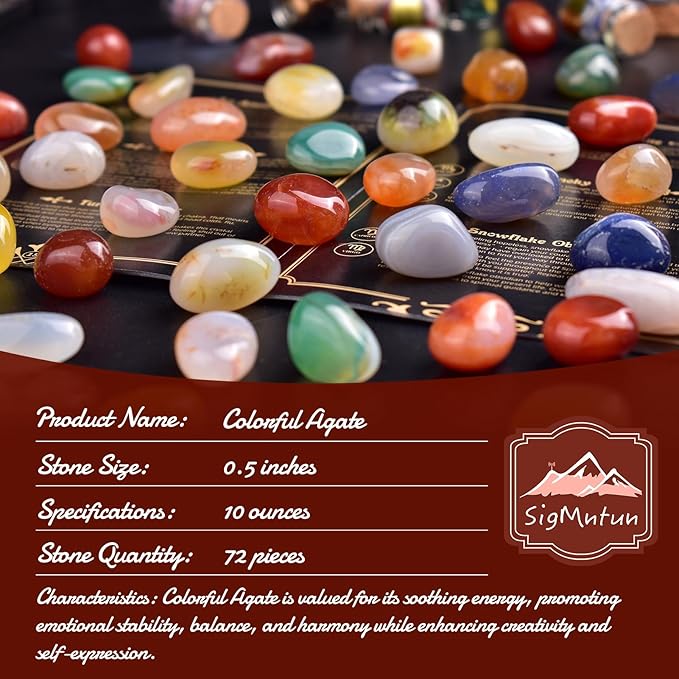 Polished Colorful Agate Crystal Stone Set - 72 Pcs, 0.5" 10 oz Handpicked Natural Tumbled Gemstones Rocks Quartz, Pebbles for Reiki, Chakra, Healing, Home Decor