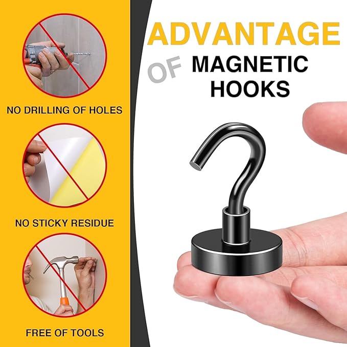 DIYMAG Magnetic Hooks, 85 LB Black Heavy Duty Strong Magnet with Hook, Rare Earth Neodymium Magnets for Hanging, Magnetics Hanger for Curtain, Home, Kitchen, Workplace, 12 Packs,
