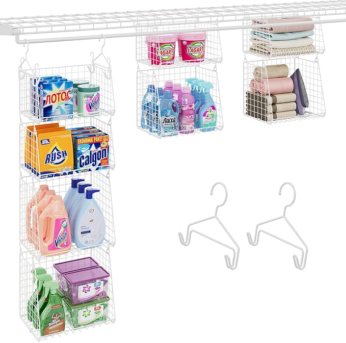 4-Tier Hanging Laundry Room Organizer: Foldable Wire Shelf Basket with 2 Large 1.65" Hooks & 360° Rotating Hooks – Space-Saving Laundry Storage Basket, for Wardrobe Closet Storage, White Patent
