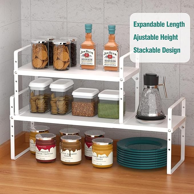 Expandable Cabinet Shelf Organizer Rack, Stackable Kitchen Counter Storage Shelves Stand, Adjustable Height Pantry Shelf Spice Rack, Heavy Duty Nonslip White Large 3Pack