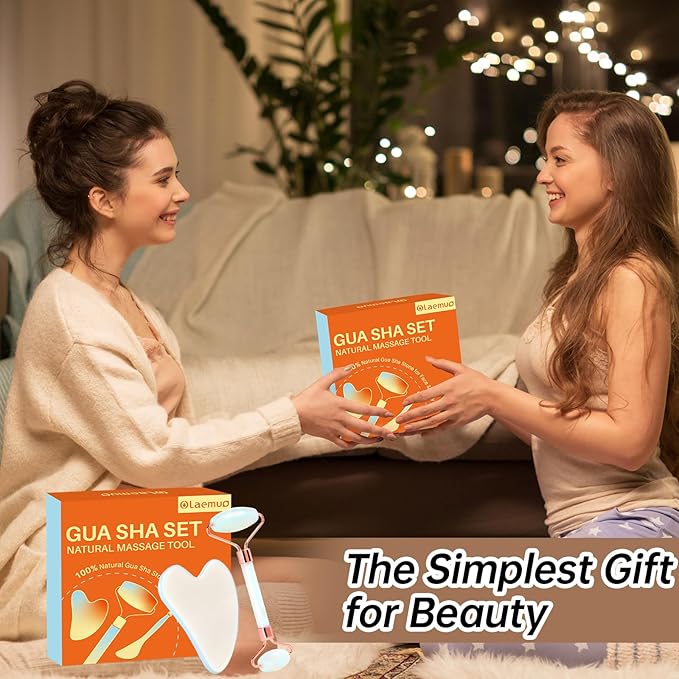 Opal Gua Sha and Face Roller, Real Jade Gua-Sha Stone Facial Tools Set for Reduce Puffiness, Body Guasha Tool for Relieve Neck Tension, SinkCare Beauty Massager as Present for Women,Opal