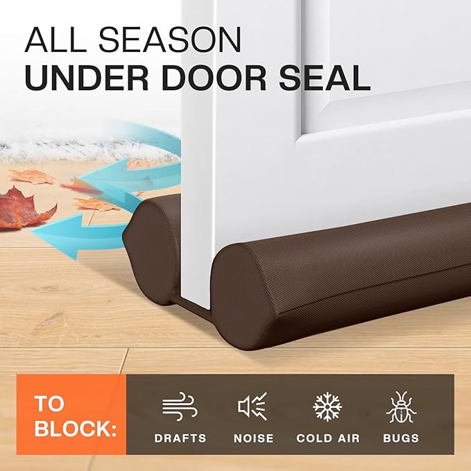 Comfyanno Under Door Draft Stopper - Bottom Door Gap Filler & Seal - Fits 24” to 30” Door, Blocks Cold Air, Noise, Sound, Wind, Bugs, Easy to Install, Double-Sided Block, No Adhesive, Brown