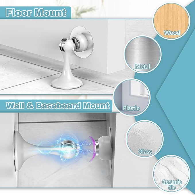 Magnetic Door Stoppers 4 Pack, Stainless Steel Door Stops for Wall and Floor Mounting, Door Holder Keep Door Open, No Drilling Door Stop with 3D Adhesive Tapes, White