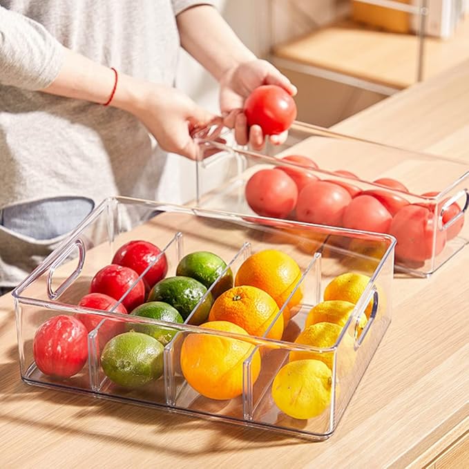 4 pack Stackable Refrigerator Organizer Bins Pull-Out Drawers for Fruit and Veggies Storage Organizer for Fridge Clear Drawer Containers with Handle Divided Organization for Produce Saver