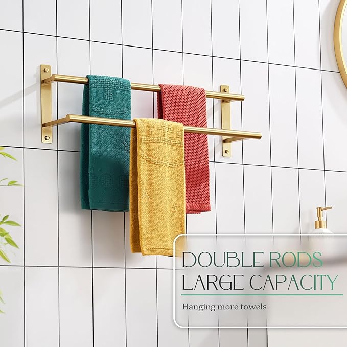 KOKOSIRI 24 Inch Bathroom Towel Racks Double Towel Bar Bath Towel Holder Towel Hanger Towel Shelf Wall Mount Stainless Steel Brushed Gold B5010BG-L24