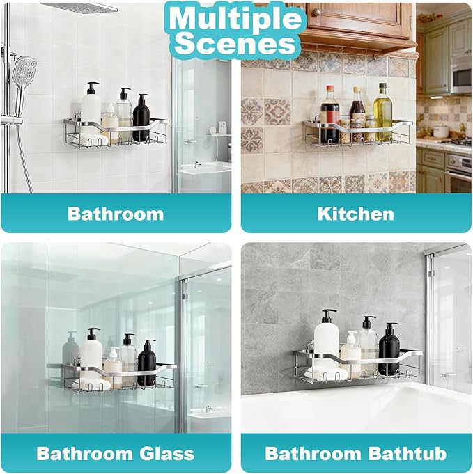 Shower Caddy with Hooks, Shower Shelf - 304 Stainless Steel Shower Rack, Anticorrosive, Rust-proof, Waterproof Bathroom Shelves Storage and Organization - White Silver Shower Shelves