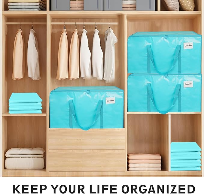 16 Pack - Extra Large Heavy Duty Moving Bags - Waterproof Storage Totes with Handles & Zippers, Foldable for College Dorm, Storage (lake blue)