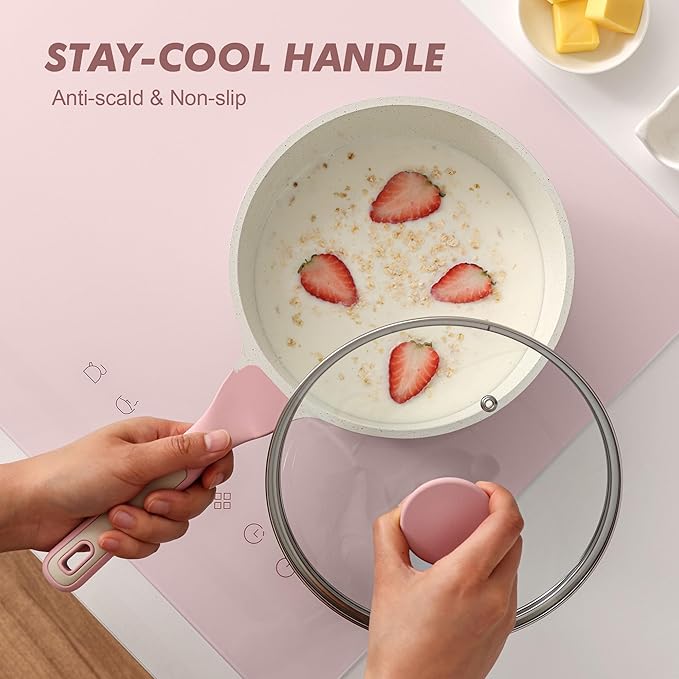 SENSARTE Ceramic Nonstick Saucepan with Lid 1.5 Quarts, Small Kitchen Cooking Pot with Stay Cool Handle, Induction Compatible, Ceramic Coating, Free of Intentionally Added PTFE/PFOA/PFAS, Sakura Pink