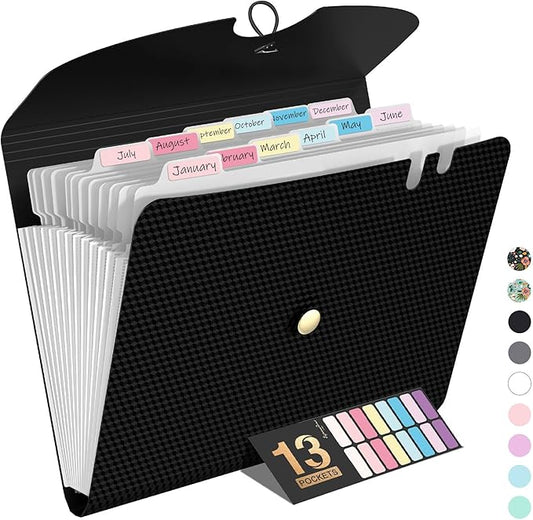 Sooez Expanding File Folder, 13 Pocket Accordion File Organizer, Monthly Expandable File Folder for Documents with Labels, Portable Bill Receipt Organizer for School Office Supplies, Letter A4 Size
