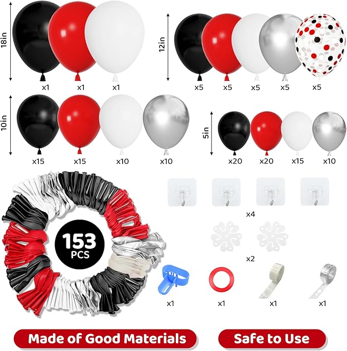 Amandir 153pcs Red Black and White Balloon Arch Garland Kit Different Sizes 18 12 10 5inch Silver Latex Metallic Confetti Graduation Balloons for Birthday Wedding Movie Night Casino Party Supplies