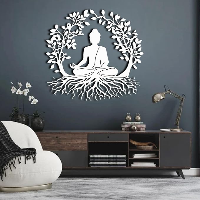 ENJOYOO Tree of Life and Buddha Metal Wall Decor, Tree of Life Wall Art, Buddha Metal Wall Art for Living Room, Bedroom, Outdoor (Black, 39×37in/100×94cm, metal wall art)