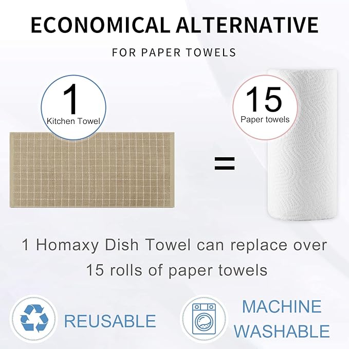 Homaxy 100% Cotton Terry Kitchen Towels(Tan, 13 x 28 inches), Checkered Designed, Soft and Super Absorbent Dish Towels, 12 Pack