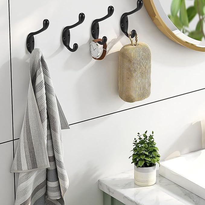 Jukzi Coat Hooks 5 Pack-Heavy Duty Wall Mounted Matte Black Door Hooks Double Prong Hooks for Hanging Clothes/Towels/Key-Suitable for Bedroom/Bathroom/Entryway and Replaced
