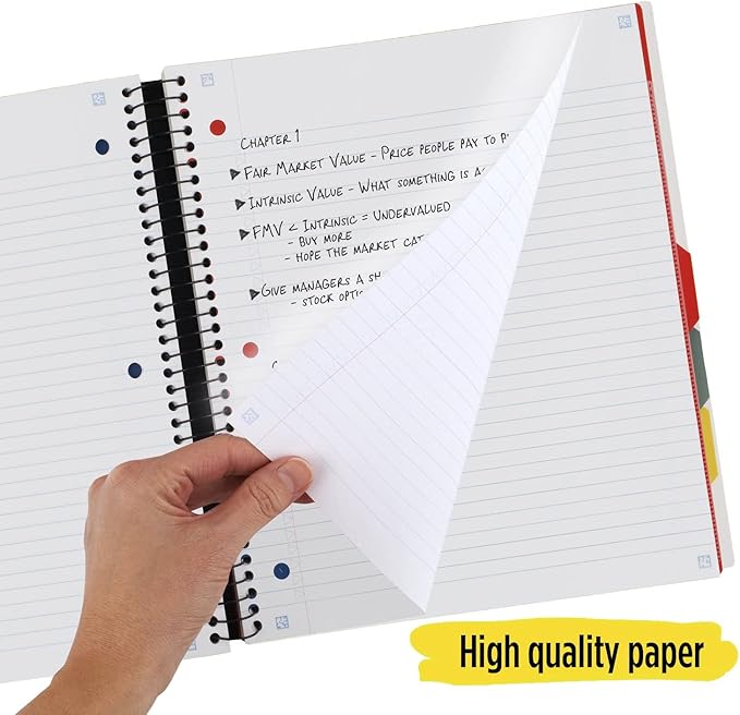 Five Star Advance Spiral Notebook + Study App, 5 Subject, College Ruled Paper, 8-1/2" x 11", 200 Sheets, Spiral Guard, Movable Tabbed Dividers, White (73154)