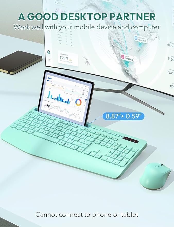 SABLUTE Wireless Keyboard and Mouse, Wrist Rest, Phone Holder, Batteries Included, 2.4G Lag-Free Ergonomic Keyboards Mouse Combo, Silent Keyboard Cordless Set for PC, Laptop, PC, Windows, Mint Green