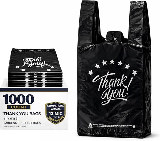 YoYoRain 1000 Count Black “Thank You” T-Shirt Bags – Reusable & Disposable Grocery & Supermarket Carry Bags, 11"x6"x21"