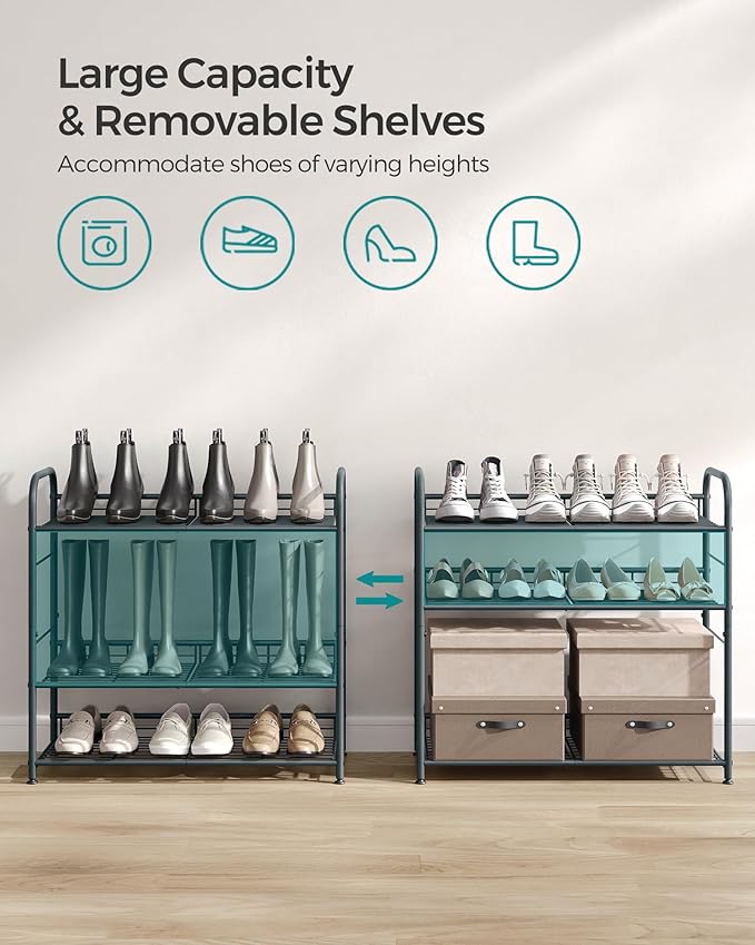 SONGMICS Shoe Rack, 4 Tier Shoe Organizer for Closet, Holds up to 16 Pairs of Shoes, Shoe Rack for Front Door Entrance, Metal Shoe Shelf with Adjustable Tilt Angle, for Entryway, Garage, Grey