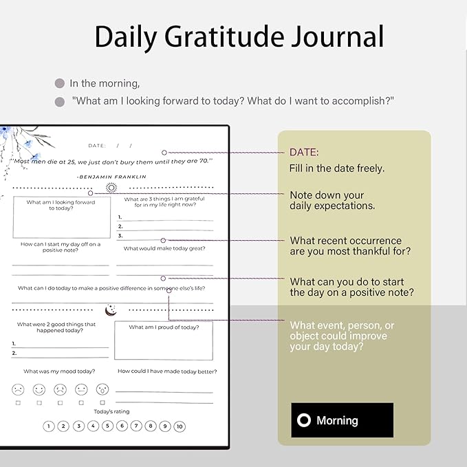 Gratitude Journal, Daily Reflection Journal for More Happiness, Mindfulness & Affirmation, Self Care Journals for Women & Men, 6 Inspirational Stickers and Ballpoint Pen, Black