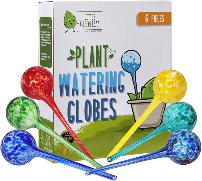 Little Green Leaf Automatic Plant Watering Globes Self Watering Planter Inserts (Set of 6) | Hands-Free Multicolor Glass Bulbs | Planter Spikes to Support Indoor & Outdoor Plant Health (350ml)