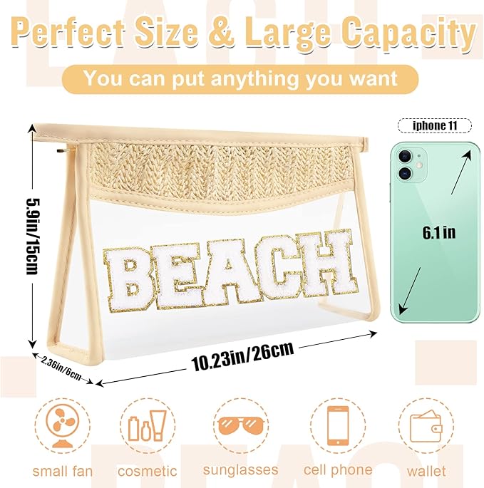 Clear Makeup Letter Patch Makeup Bag BEACH Pouch, Boho Clear Toiletry Bags Travel Small Cute Stadium Chenille Letter Cosmetic Zipper Pouch Purse, Transparent Waterproof Makeup Storage for Women(BEACH)