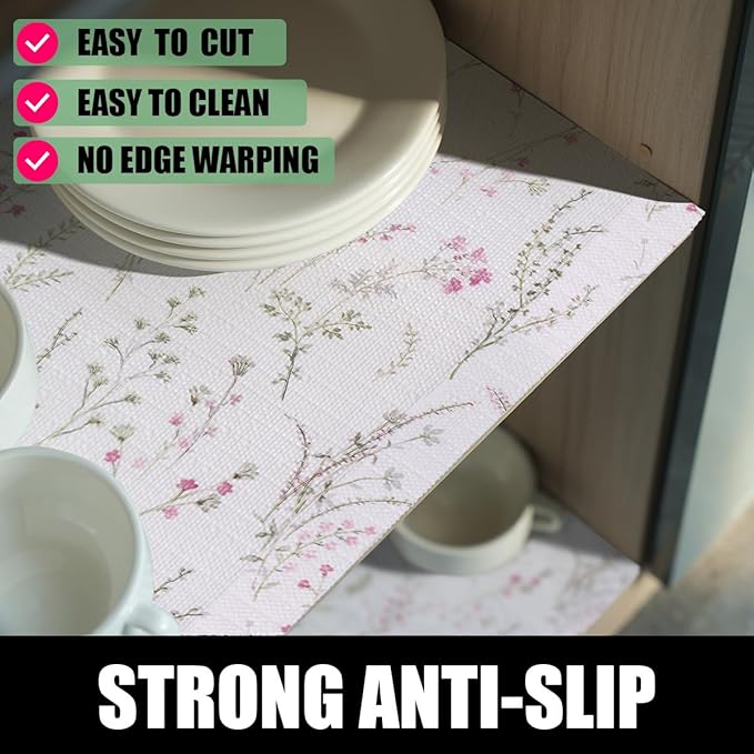 Floral Drawer and Shelf Liner for Cabinets, 12IN x 20FT Non-Adhesive and Strong Non-Slip Flower Shelf Cabinet Drawer Liners for Kitchen,Table,Bookshelves,Waterproof Cupboard Liners