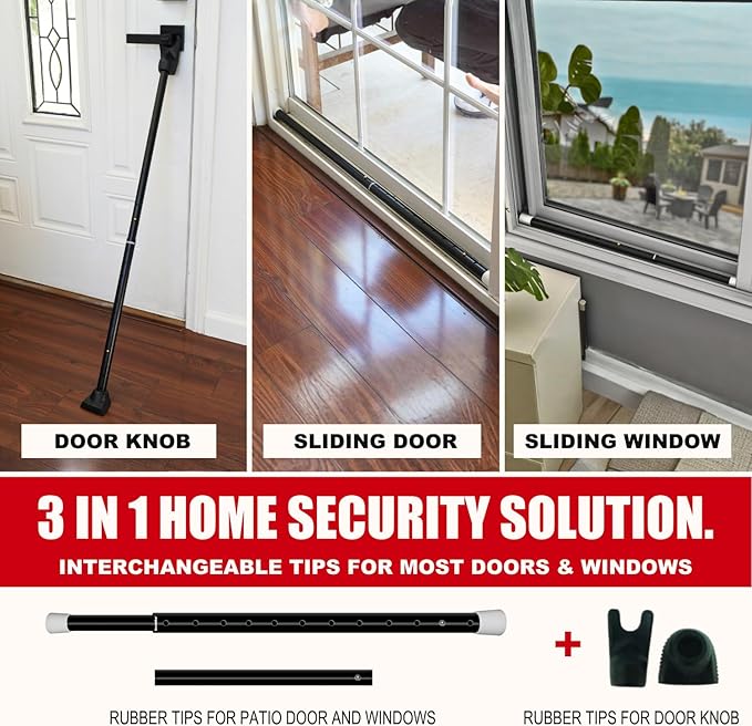 SECURITYMAN 3 in 1 Door Security Bar & Sliding Door Security Bar - Door Jammer Constructed of High Grade Iron - Black Door Stoppers Security Bar