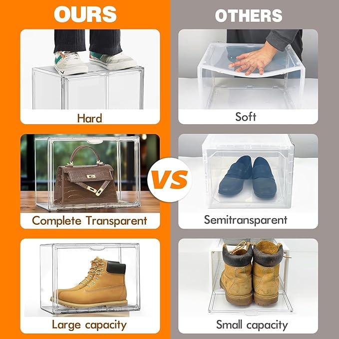10 Pack Acrylic Shoe Box Size 14, X-Large Purse Handbag Organizer Clear Sneaker Display Case Boot Storage Box Transparent Stackable Storage Bins with Magnetic Lids