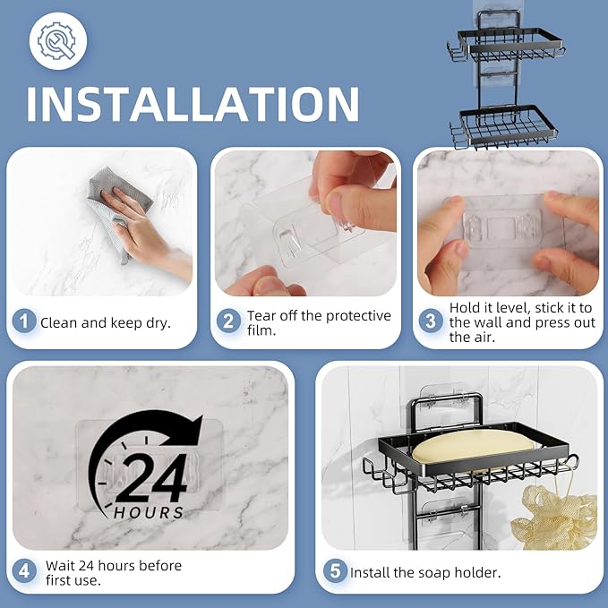 Soap Holder, Double Bar Soap Holder Shower Stainless Steel, Soap Dish for Shower Wall with Hooks and Razor Holders, Soap Tray Self Adhesive for Bathroom Bathtub Accessories Organizer