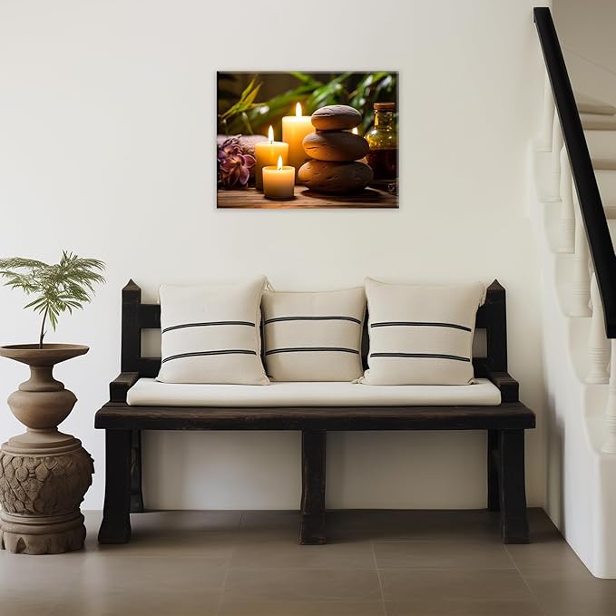 GLOKAKA Zen Canvas Wall Art Stacked Spa Stones White Candle Painting Relaxation Artwork Meditation Decor for Spa Yoga Room Bathroom Ready To Hang(Artwork-3,16"x24")