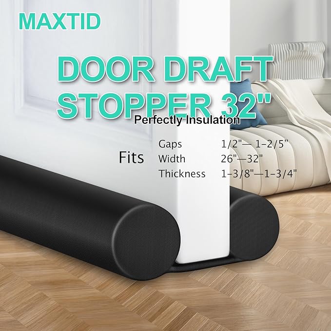 MAXTID 32" Black Door Air Draft Stopper - Wind Blocker for Bedroom Doors & Small Apartments