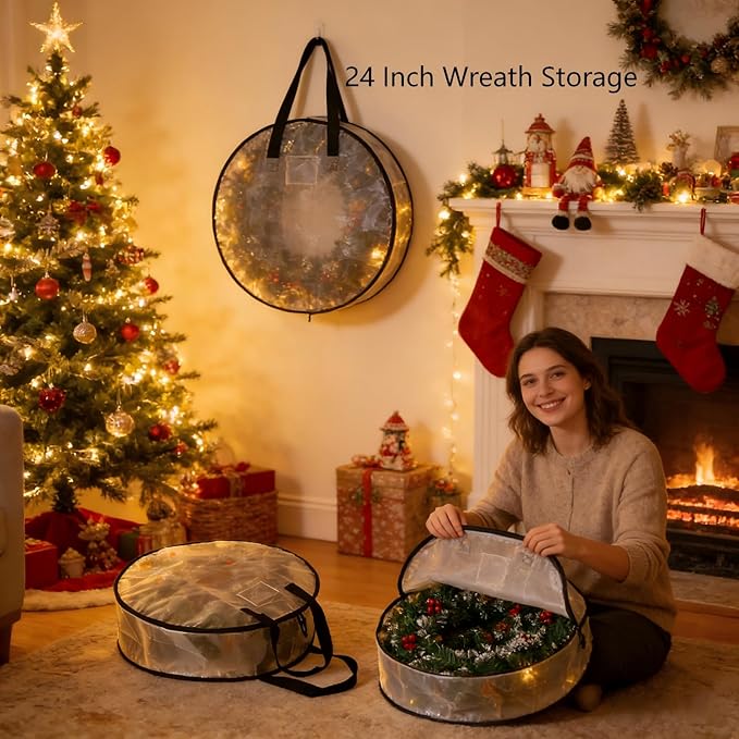 PWRSC 4 Pack Wreath Storage Bag, Summer, Christmas Decoration Garland Container, 24 Inch Clear Door Wreath Organizers, Moving Boxes, Packing Supplies for College