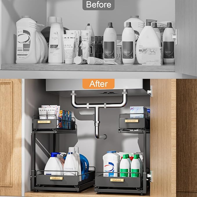 Under Sink Organizer, Height-Adjustable 2-Tier Under Kitchen Sink Organizer, Multi-Purpose Storage Shelf for Kitchen Bathroom Cabinet, Black