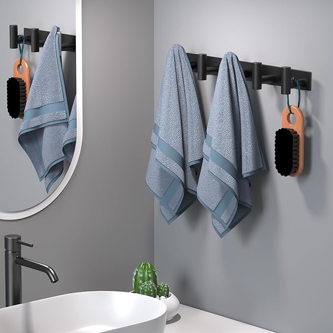 HUFEEOH 2 Pack Coat Hooks Wall Mount, Black T Shaped 5 Hooks Stainless Steel Wall Hooks Towel Rack for Hanging, Heavy Duty Key Holder Hat Rack Used for Bathroom Mudroom Entryway