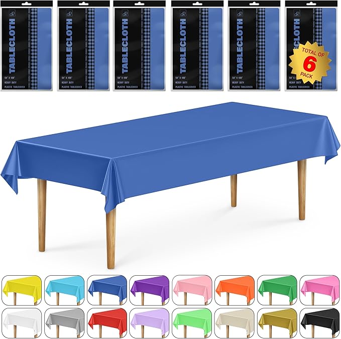 DecorRack 6 Rectangular Tablecloths BPA-Free Plastic, 54 x 108 inch, Dining Table Cloth, Rectangle Table Cover for Parties, Picnic, Camping and Outdoor, Disposable or Reusable, Royal Blue (6 Pack)