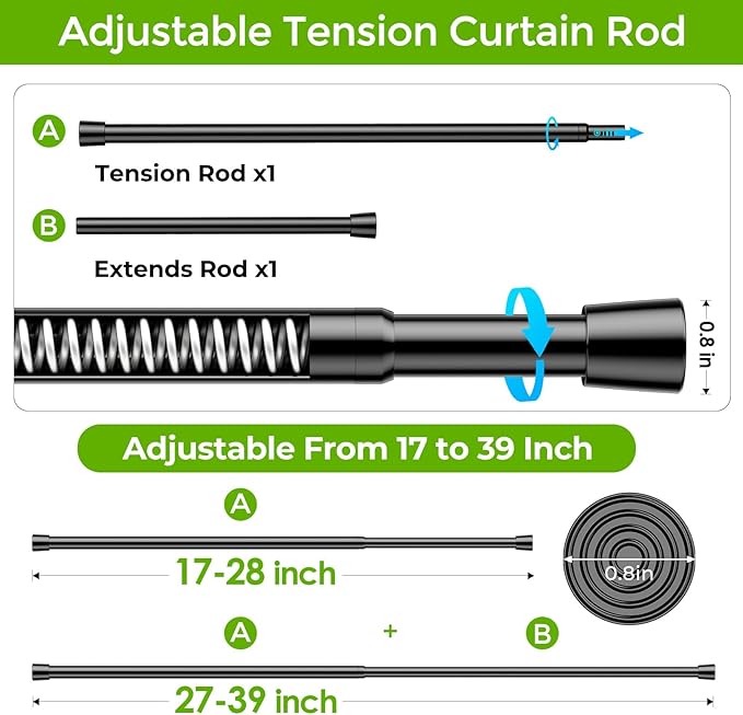 Spring Tension Rods 26-39 Inches Adjustable Black No Drill Spring Loaded Curtain Rod Small Short Tension Curtain Rod Expandable Tension Rod for Windows, Kitchen, Doorway, Bathroom, Cupboard Bars