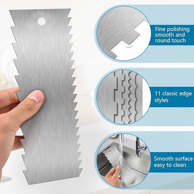 SenseYo 6 Pcs 9 Inch Stainless Steel Cream Cake Scraper Smoother Comb with Double Sides for Decorating Icing Mousse Butter