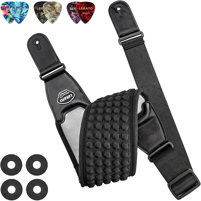 LEKATO Guitar Straps for Electric Guitar Bass, 3.5" Wide Padded Guitar Strap Neoprene Pad with 3D Sponge Filling Bass Guitar Straps Adjustable Length from 45" to 55" with Strap Locks, Picks, Gray