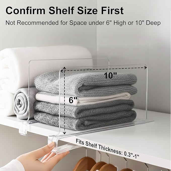 Shelf Dividers Purse Organizer for Closet: 6-inch Tall(Shorter Version) Acrylic Handbag Organizer - Small Space Separator for Clutches Evening Bags Pouches Mini-Bags on Wood Shelves 6-Pack