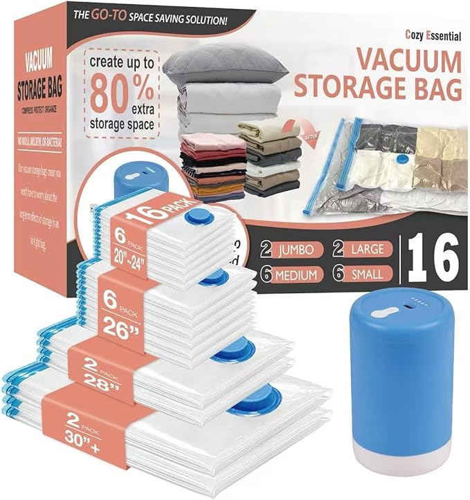 16 Pack Travel Vacuum Storage Bags with Rechargeable Wireless Electric Pump for Luggage, Suitcase, Carry-on Size Vacuum Seal Compression Space Saver Bags for Clothes and Clothing Travel