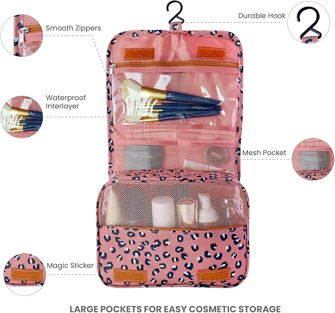 Lcsmaokin Large Capacity Toiletry Bag Travel Bag with Hanging Hook for Men and Women Waterproof Travel Cosmetic Bag Bathroom Storage Bag for Brushes Set,Full-Sized Shampoo,Accessories-Pink Leopard