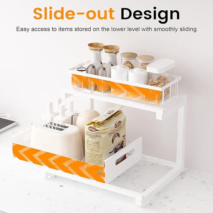 Toyear Under Sink Organizer, Heavy Duty Metal Pull Out Cabinet Organizer Slide Out Sink Shelf Organizer Height Adjustable, Multi-Purpose Storage Shelf for Kitchen Bathroom(White,2Pack)