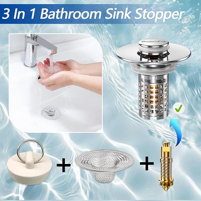 3-in-1 Bathroom Sink Drain Strainer, Stainless Steel Pop-up Strainer Basket Hair Catcher with Removable Basket, Brass Bullet Core, Universal Fit 1.1-2.36 Inch (Silver(New 1pcs))