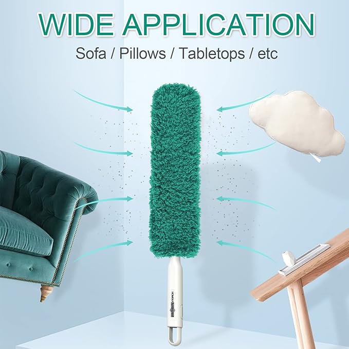 EHOMGUI Microfiber Duster, Feather Duster, Dusters for Cleaning, Washable Dusters with Reusable Microfiber Head, Feather Dusters for Cleaning Cobweb, Blinds, Furniture, Cars-Green