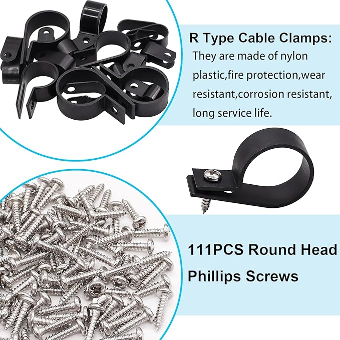 TWTADE 222PCS Black Cable Clamps Assortment Kit, Nylon Plastic R-Type 6 Sizes 3/16'' 1/4'' 3/8'' 1/2'' 3/4'' 1'' Cable Mounting Wire Clips Fastener with Screws for Wire Management