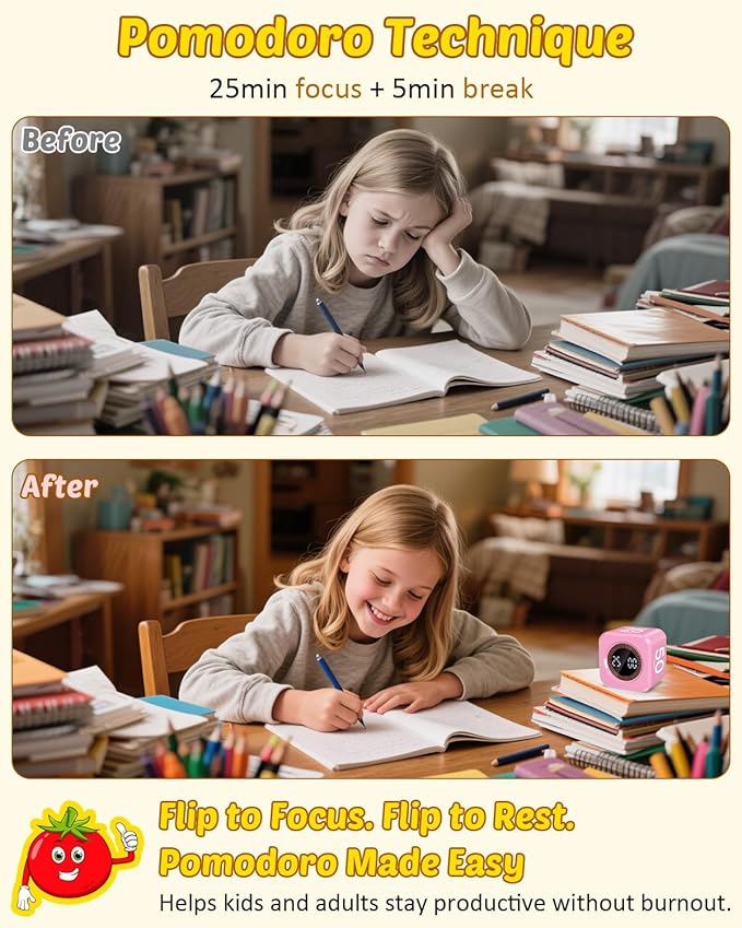 Pomodoro Timer Cube Visual Productivity Flip Timer for Kids Classroom Desk, 5/10/25/50min& Custom Countdown, Silent&Sound Mode Digital Cube for ADHD Study Work School Game Kitchen (Pink)
