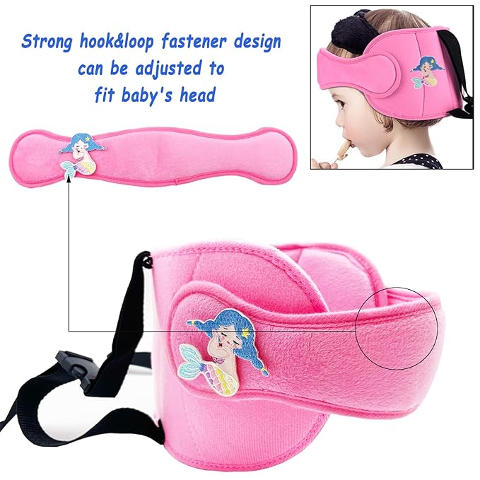 LETTON Car Seat Head Support for Child, Adjustable Head Band Strap Headrest, Safe, Comfortable Head & Neck Pillow Support Solution– Baby & Kids Travel Accessories (Pink with Mermaid Pattern)