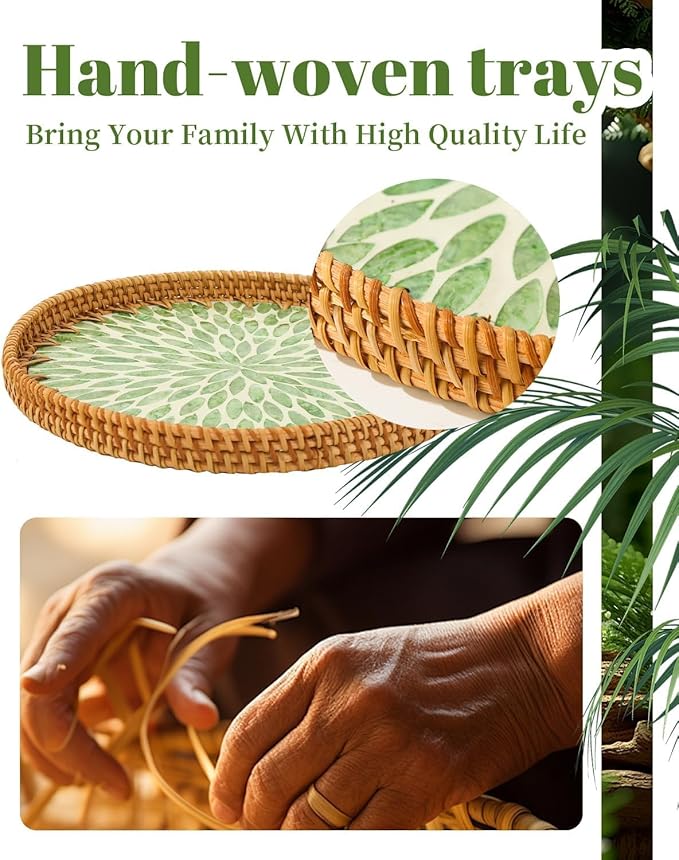 12" Large Rattan Serving Tray with Mother of Pearl, Decorative Coffee Table Trays for Home Decor, Large Wicker Woven Serving Tray Decor for Kitchen Counter,Living Room and Ottoman, Black1