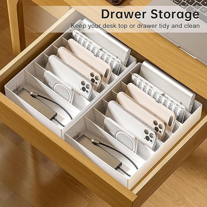 PAVSTINE 2 Pcs Large Cable Organizer Box with Wire Ties, Plastic Charger Organizer box with 8 Compartments, Stackable Cord Organizer Box for Office, Home, Desk Drawer Stationery Supplies Storage, White