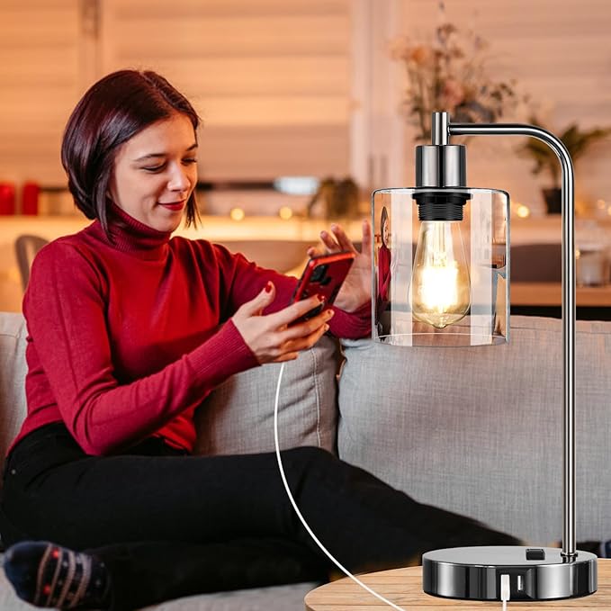 Industrial Touch Control Table Lamps Set of 2 - Black Nickel Bedside Lamps with 2 USB Ports & AC Outlet, 3-Way Dimmable Nightstand Desk Lamp for Bedroom Living Room, Glass Shade & 2 LED Bulbs Included